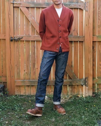 Red Cardigan Outfits For Men: A red cardigan and navy jeans are a great outfit to keep in your casual lineup. If you want to break out of the mold a little, introduce brown leather casual boots to the mix.