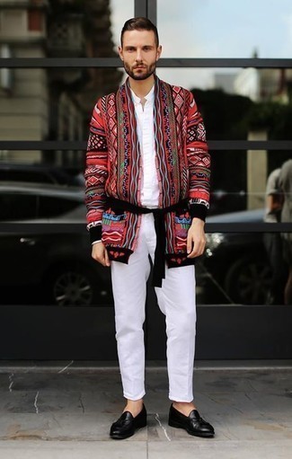 Red Fair Isle Cardigan Outfits For Men: A red fair isle cardigan and white chinos have become veritable casual styles for most gents. Complement this ensemble with black leather tassel loafers for an element of elegance.
