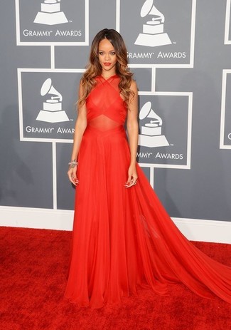 Rihanna wearing Red Chiffon Evening Dress