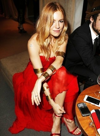 Sienna Miller wearing Red Chiffon Evening Dress, Red Silk Heeled Sandals