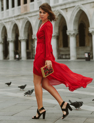 Women's Red Chiffon Wrap Dress, Black Suede Heeled Sandals, Black Floral  Clutch | Lookastic