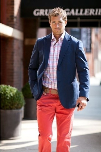 White and Red and Navy Plaid Long Sleeve Shirt Outfits For Men: 
