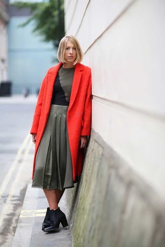 Women's Red Coat, Olive Midi Dress, Black Leather Ankle Boots