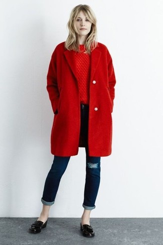 Women's Red Coat, Red Cable Sweater, Navy Ripped Skinny Jeans, Black Leather Loafers