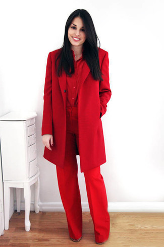 Red Dress Shirt Outfits For Women: Putting together a red dress shirt and red wide leg pants will hallmark your outfit coordination expertise.