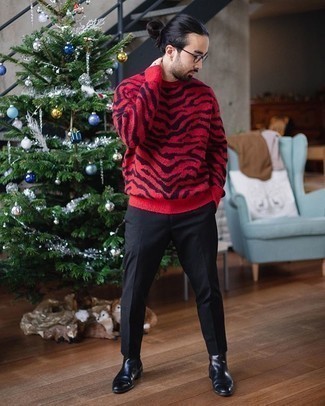 Men's Red Print Crew-neck Sweater, Black Chinos, Black Leather Chelsea Boots, Clear Sunglasses