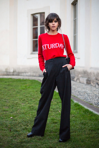 Women's Red Print Crew-neck Sweater, Black Wide Leg Pants, Black Leather Ankle Boots, Black Quilted Leather Satchel Bag