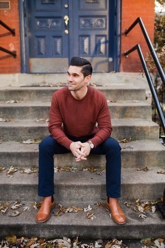 Men's Red Crew-neck Sweater, Navy Chinos, Tobacco Leather Chelsea Boots, Burgundy Leather Watch