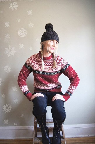 Women's Red Fair Isle Crew-neck Sweater, Navy Jeans, Black Leather Lace-up Flat Boots, Charcoal Beanie