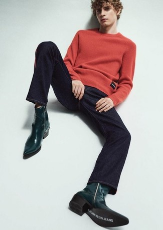 Red Crew-neck Sweater Outfits For Men: This combination of a red crew-neck sweater and navy jeans is impeccably stylish and yet it's relaxed enough and apt for anything. Avoid looking too polished by finishing with a pair of dark green leather cowboy boots.