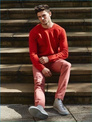 Grey Canvas High Top Sneakers Outfits For Men: You can look amazing without really trying in a red crew-neck sweater and pink chinos. Dress down your look by finishing with a pair of grey canvas high top sneakers.