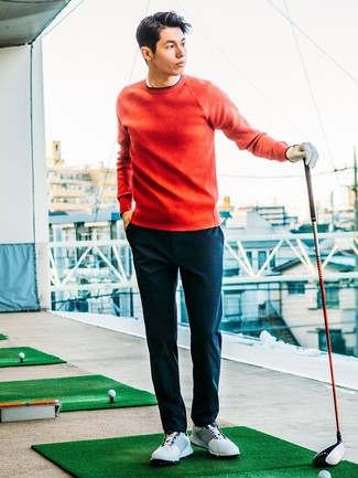 Burgundy Crew-neck Sweater Outfits For Men: Marry a burgundy crew-neck sweater with navy chinos for a functional ensemble that's also well-executed. Rounding off with a pair of white athletic shoes is a fail-safe way to introduce a sense of stylish nonchalance to this look.