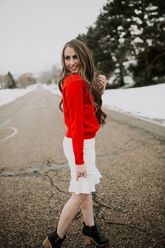 Women's Red Crew-neck Sweater, White Ruffle Pencil Skirt, Black Leather Ankle Boots