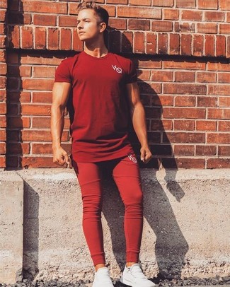Men's Red Crew-neck T-shirt, Red Sweatpants, White Low Top Sneakers