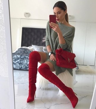 Women's Black Leather Watch, Red Suede Crossbody Bag, Red Suede Over The Knee Boots, Olive Oversized Sweater