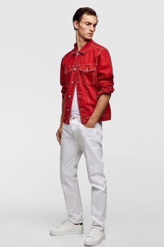 White Jeans Outfits For Men: This casual combination of a red denim jacket and white jeans comes in handy when you need to look stylish but have no time. We're totally digging how complete this outfit looks when completed with white and black leather low top sneakers.