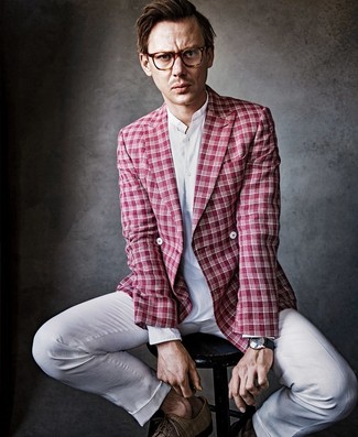 Men's Red Plaid Double Breasted Blazer, White Linen Long Sleeve Shirt, White Linen Dress Pants, Brown Leather Derby Shoes