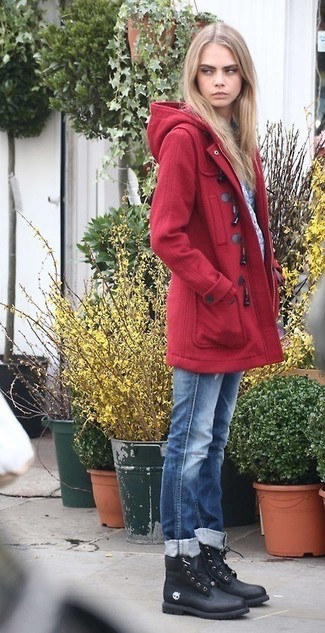 Cara Delevingne wearing Red Duffle Coat, Blue Boyfriend Jeans, Black Leather Lace-up Flat Boots