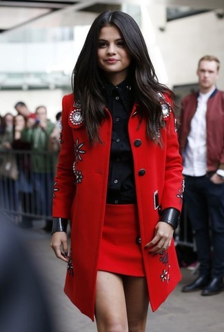 Selena Gomez wearing Red Embellished Coat, Black Dress Shirt, Red Mini Skirt