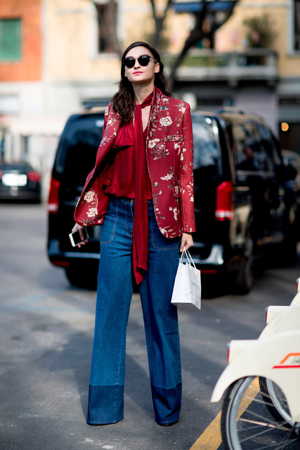 Women's Red Floral Blazer, Red Silk Long Sleeve Blouse, Blue Flare Jeans
