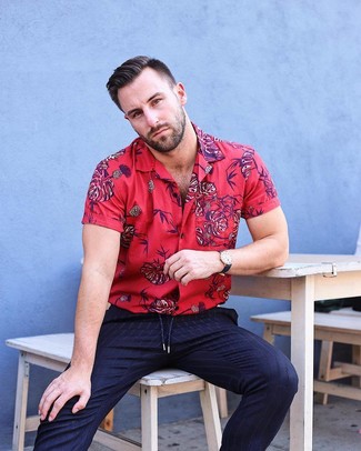 Men's Red Floral Short Sleeve Shirt, Navy Vertical Striped Dress Pants, Black Leather Watch