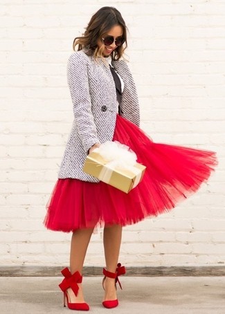 Women's Red Suede Pumps, Red Tulle Full Skirt, White and Black Long Sleeve Blouse, Grey Tweed Coat