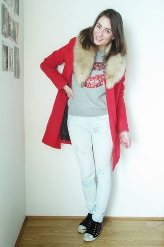 Women's Red Fur Collar Coat, Grey Print Crew-neck Sweater, White Print Skinny Jeans, Black Low Top Sneakers