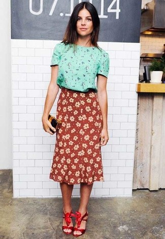 Women's Black and Gold Leather Clutch, Red Satin Heeled Sandals, Burgundy Floral Midi Skirt, Mint Floral Short Sleeve Blouse