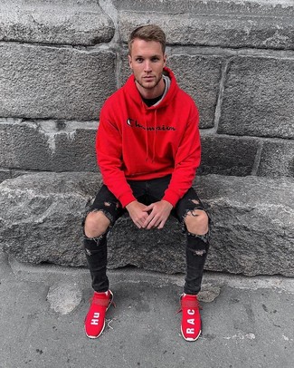 Red and White Athletic Shoes Outfits For Men: A red hoodie and black ripped skinny jeans are a cool combination to have in your day-to-day rotation. A pair of red and white athletic shoes looks great here.
