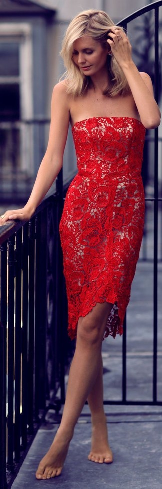 Lace One Shoulder Bodycon Dress Red