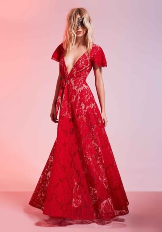 Red Lace Tiered Frill Maxi Dress