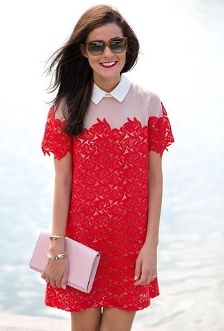 Women's Red Lace Shift Dress, Pink Leather Clutch