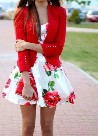 Women's Red Leather Clutch, White and Red Floral Fit and Flare Dress, Red Blazer