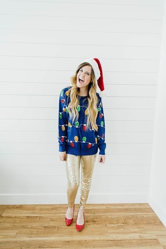 Navy Christmas Crew-neck Sweater Warm Weather Outfits For Women: 