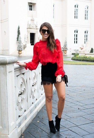Women's Red Long Sleeve Blouse, Black Lace Shorts, Black Suede Ankle Boots, Black Leather Crossbody Bag