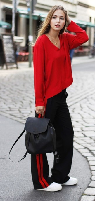 Women's Red Long Sleeve Blouse, Red and Black Wide Leg Pants, White Low Top Sneakers, Black Leather Backpack