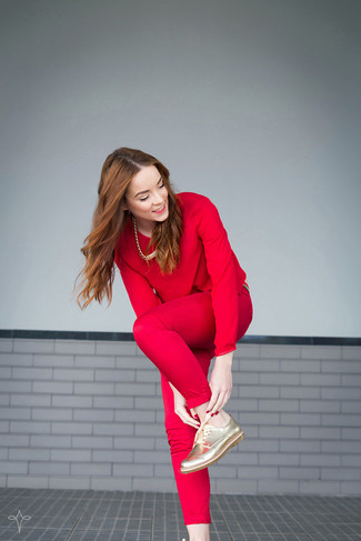 Gold Leather Oxford Shoes Outfits For Women: Rock a red long sleeve blouse with red skinny pants and you'll be the picture of elegance. On the footwear front, this look is complemented perfectly with gold leather oxford shoes.