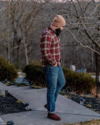 Men's Red Plaid Long Sleeve Shirt, Navy Jeans, Dark Brown Leather Chelsea Boots, Tan Beanie