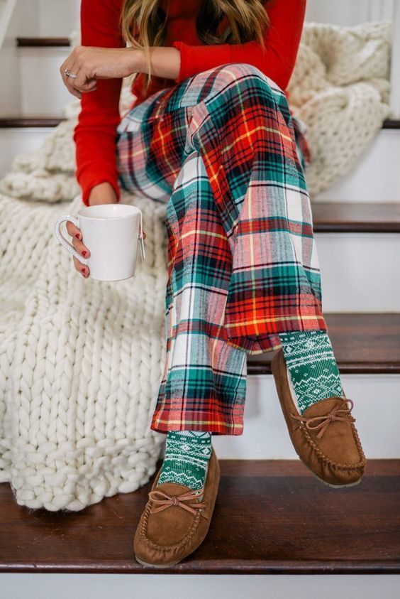 Women's Red Long Sleeve T-shirt, Green and Red Plaid Pajama Pants, Brown  Suede Boat Shoes, Green Print Socks