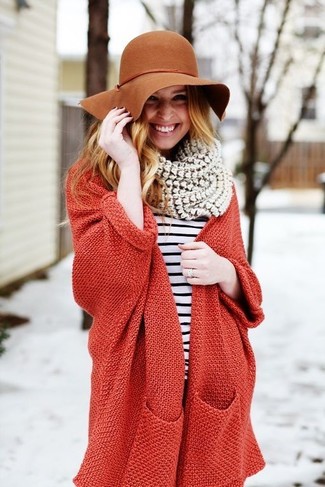 Women's Red Knit Open Cardigan, White and Black Horizontal Striped Long Sleeve T-shirt, Tobacco Wool Hat, Beige Knit Scarf