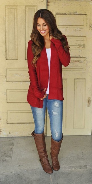 Rib Knit Open Front Sweater Tomato Red