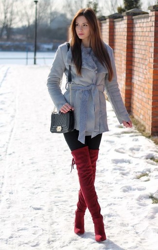 Burgundy Suede Over The Knee Boots Outfits: 