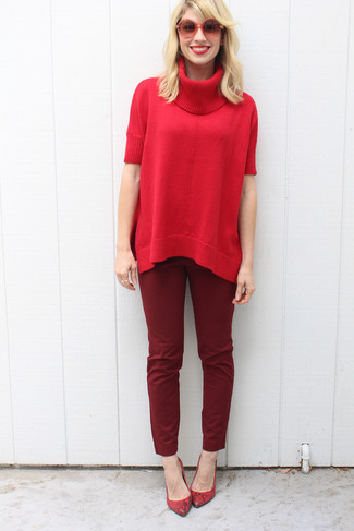 Women's Red Oversized Sweater, Burgundy Skinny Pants, Red Leather Pumps, Red Sunglasses