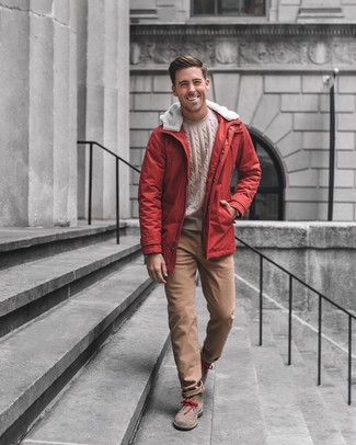 Men's Red Parka, Beige Cable Sweater, Brown Chinos, Brown Suede Desert Boots