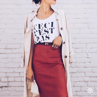 Red Leather Pencil Skirt Outfits: 