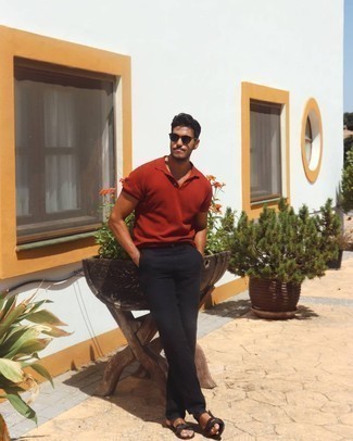 Red Polo Outfits For Men: A red polo and black chinos? This is an easy-to-achieve getup that any man can wear a variation of on a day-to-day basis. For something more on the daring side to complement this outfit, complement this ensemble with a pair of dark brown leather sandals.