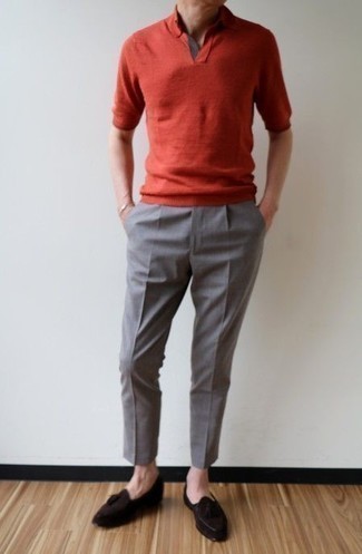 Red Polo Outfits For Men: Such must-haves as a red polo and grey dress pants are the ideal way to introduce some polish into your day-to-day casual arsenal. If you want to instantly ramp up your look with a pair of shoes, why not complement this ensemble with a pair of dark brown suede tassel loafers?