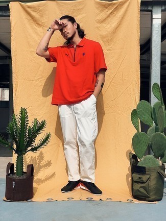 Red Polo Outfits For Men: Marry a red polo with white chinos for a dapper, laid-back look. For something more on the daring side to complement this getup, introduce black athletic shoes to the mix.