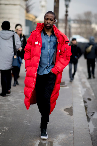 Men's Red Puffer Coat, Blue Chambray Long Sleeve Shirt, Black Jeans, Navy Suede Low Top Sneakers