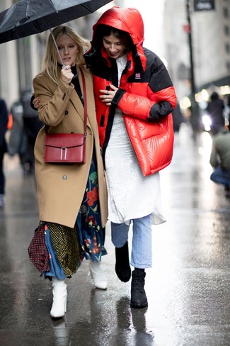 Women's Red Puffer Jacket, White Velvet Midi Dress, Light Blue Jeans, Black Leather Lace-up Flat Boots